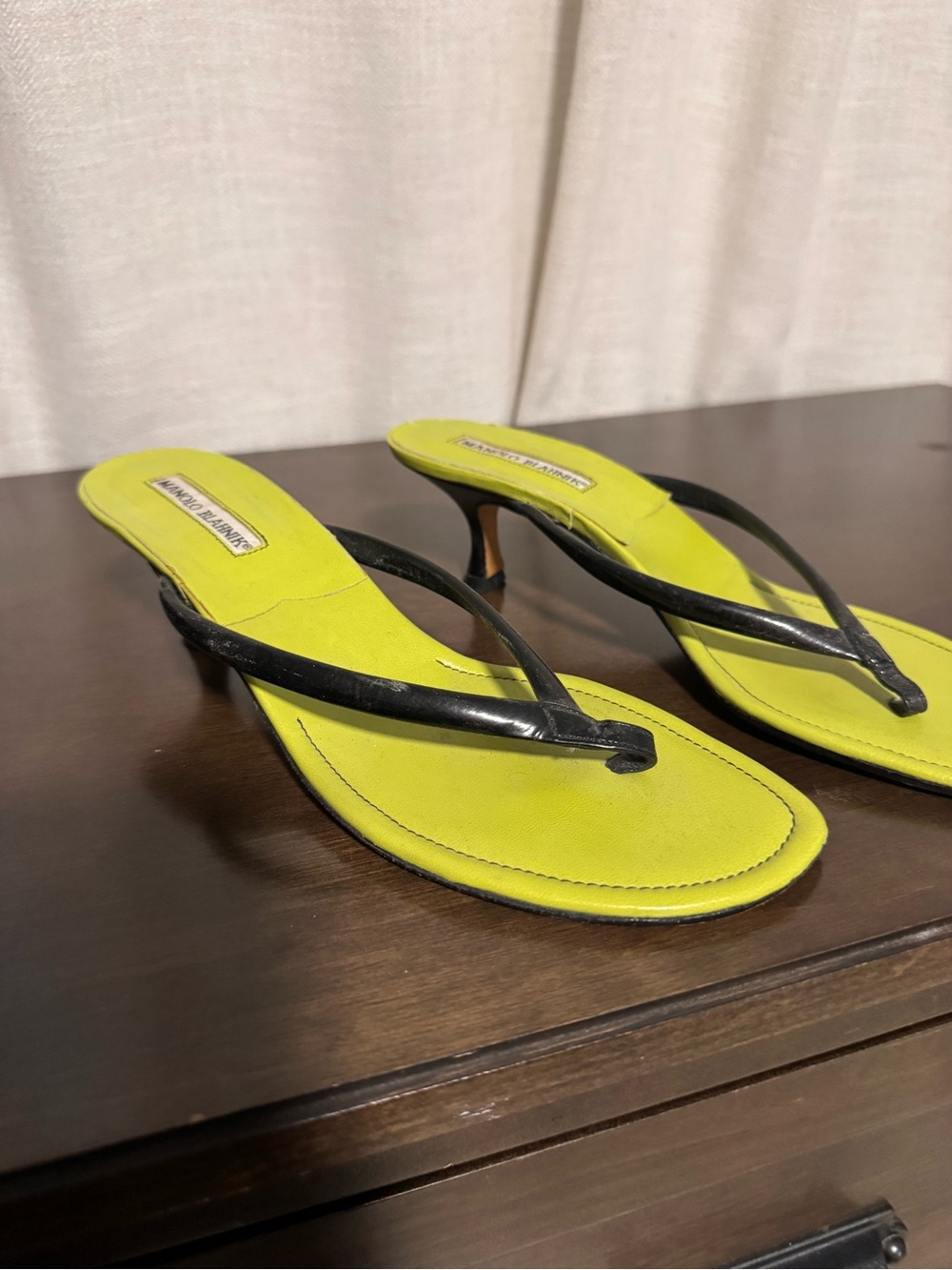 Manolo Blahnik Neon Lime Thong Kitten Heel Sandals with Black Straps